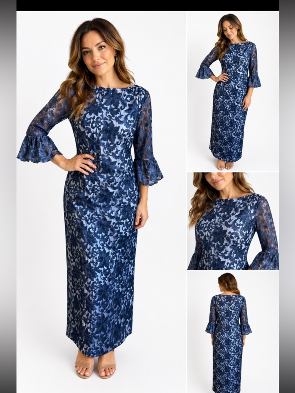 JS Collection Floral Lace Midi Dress Bell Sleeve Sheer Overlay Formal Evening 4